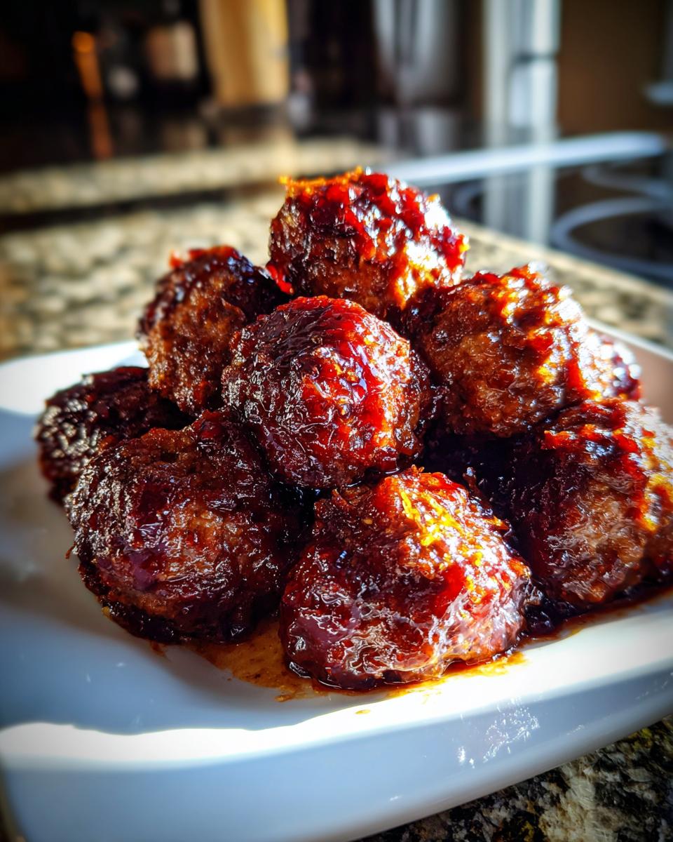 A close-up of several glistening Crockpot grape jelly meatballs piled high on a white serving dish.