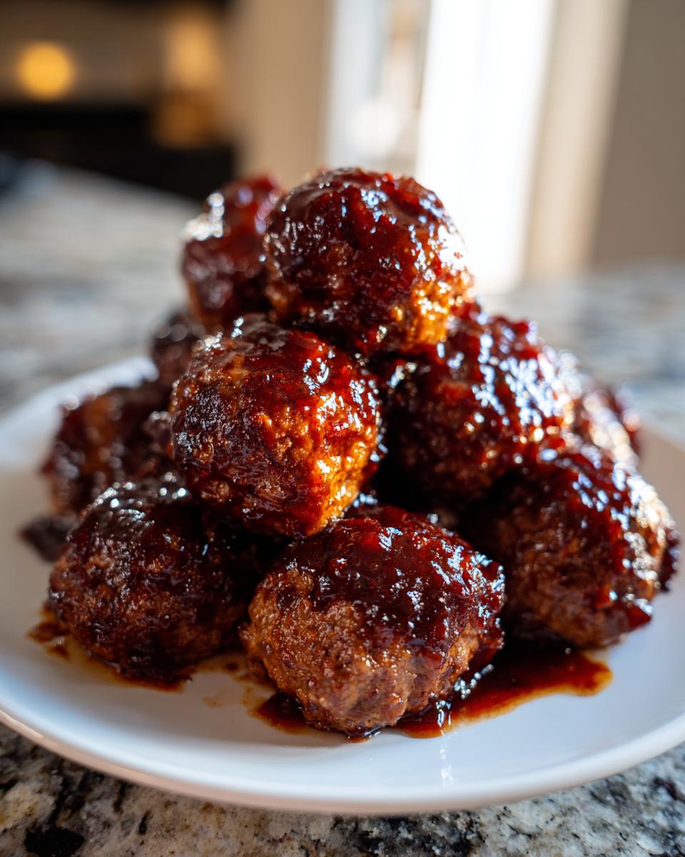 A close-up stack of savory Crockpot grape jelly meatballs glistening with a dark, sweet glaze on a white plate.
