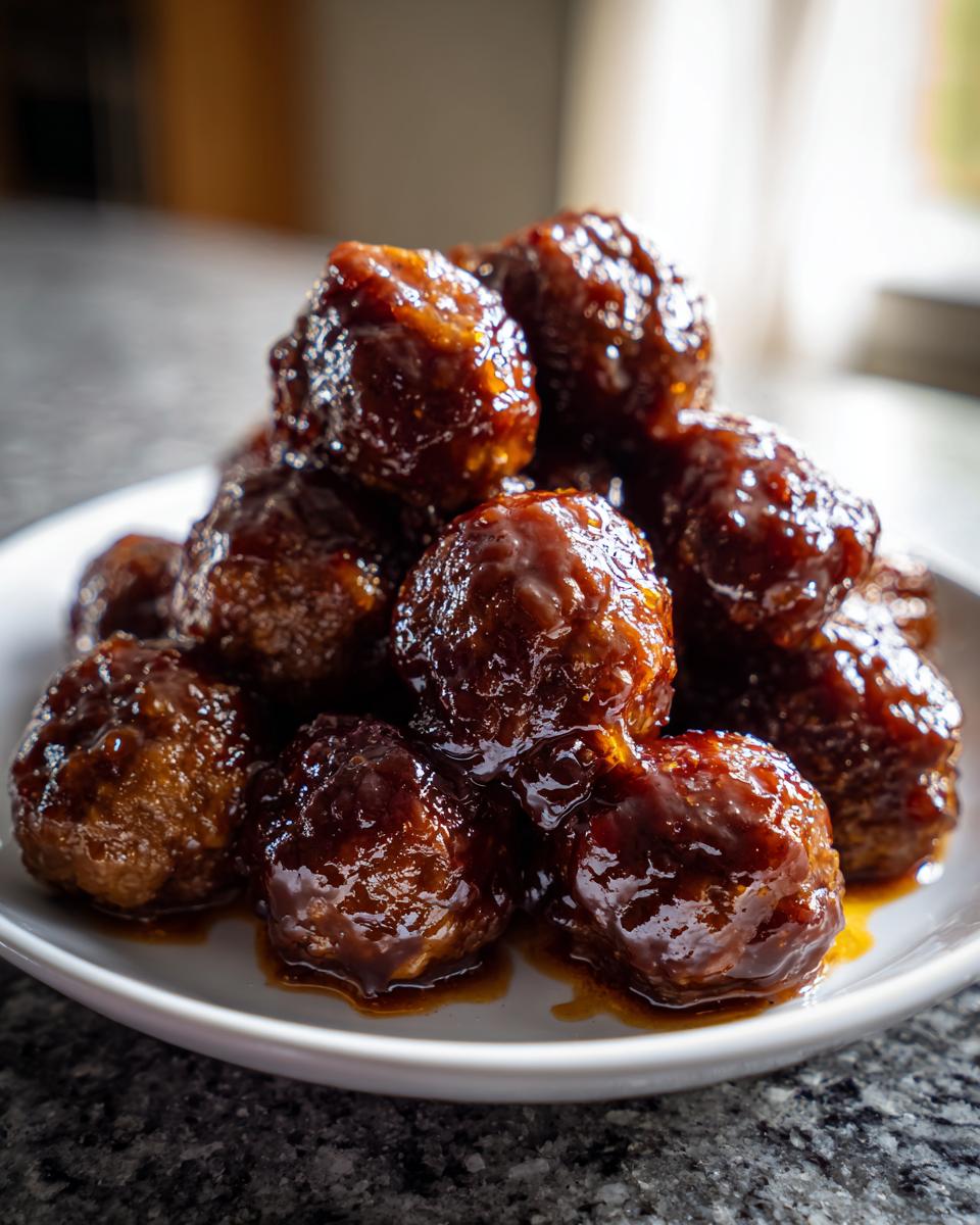 A close-up of a pile of shiny, glazed Crockpot grape jelly meatballs served on a small white plate.