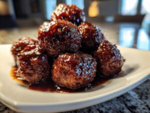 Close-up of several shiny, glazed Crockpot grape jelly meatballs piled on a white serving dish.