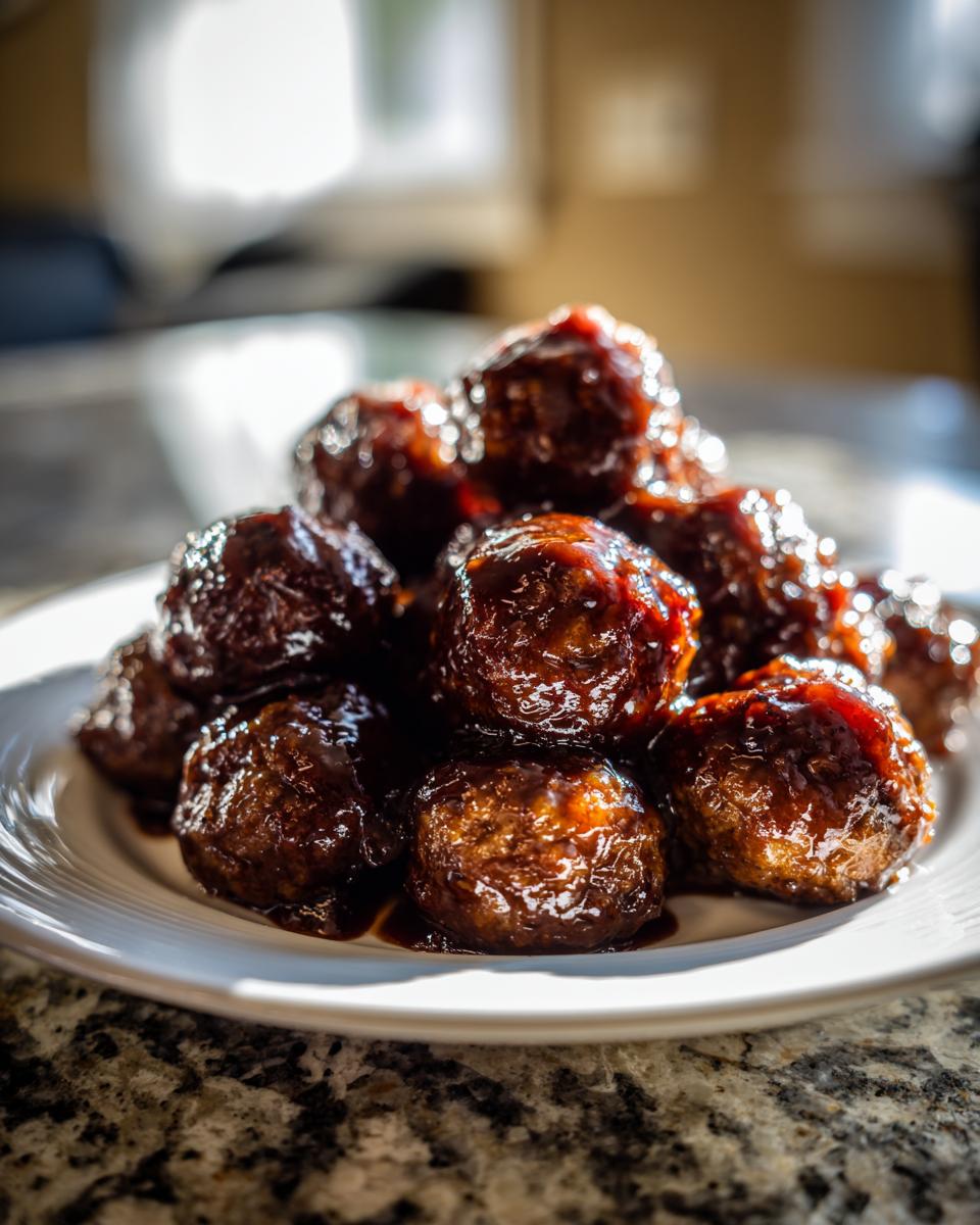 A close-up of a pile of glossy Crockpot grape jelly meatballs coated in dark sauce on a white plate.