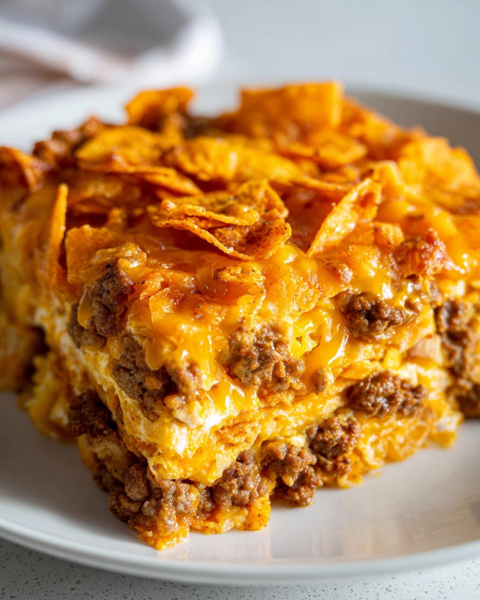 A thick slice of Dorito Casserole showing layers of ground beef, cheese sauce, and a crunchy Doritos topping.