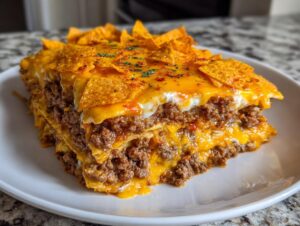 A layered slice of Dorito Casserole featuring ground beef, melted cheese, and topped with whole Doritos chips.