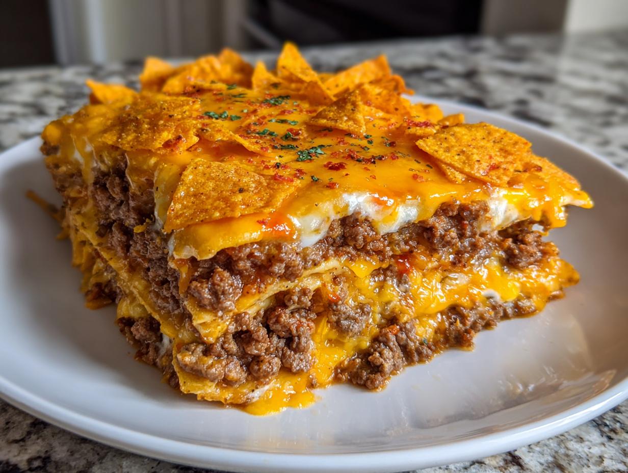 A layered slice of Dorito Casserole featuring ground beef, melted cheese, and topped with whole Doritos chips.