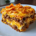 A thick, layered slice of Dorito Casserole featuring seasoned ground beef, melted cheese, and a crunchy Dorito topping.
