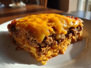 A hearty slice of doritos casserole with ground beef, layered with seasoned meat and topped with melted cheddar cheese.