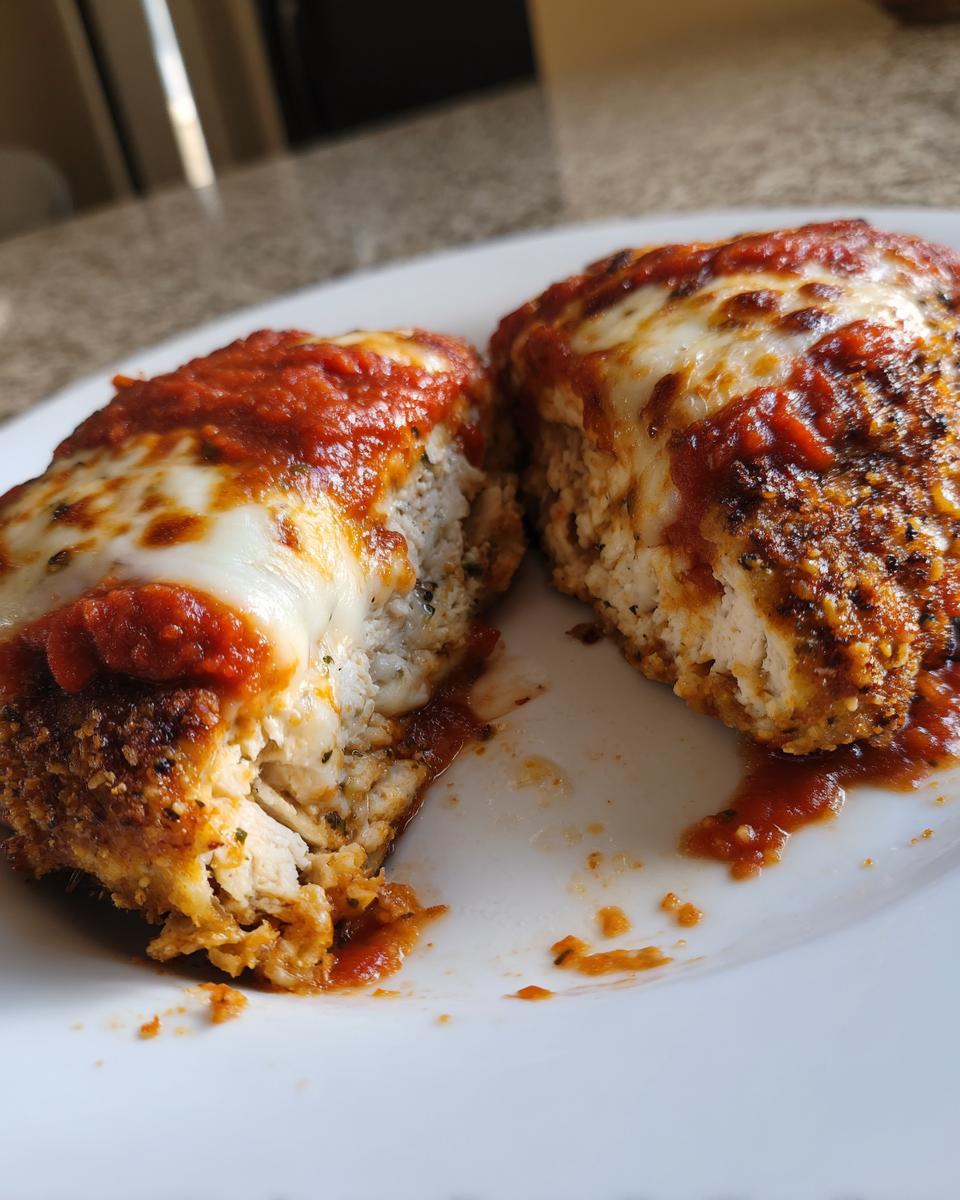 Cross-section view showing the tender white meat of Easy Chicken Parmesan topped with melted mozzarella and marinara sauce.
