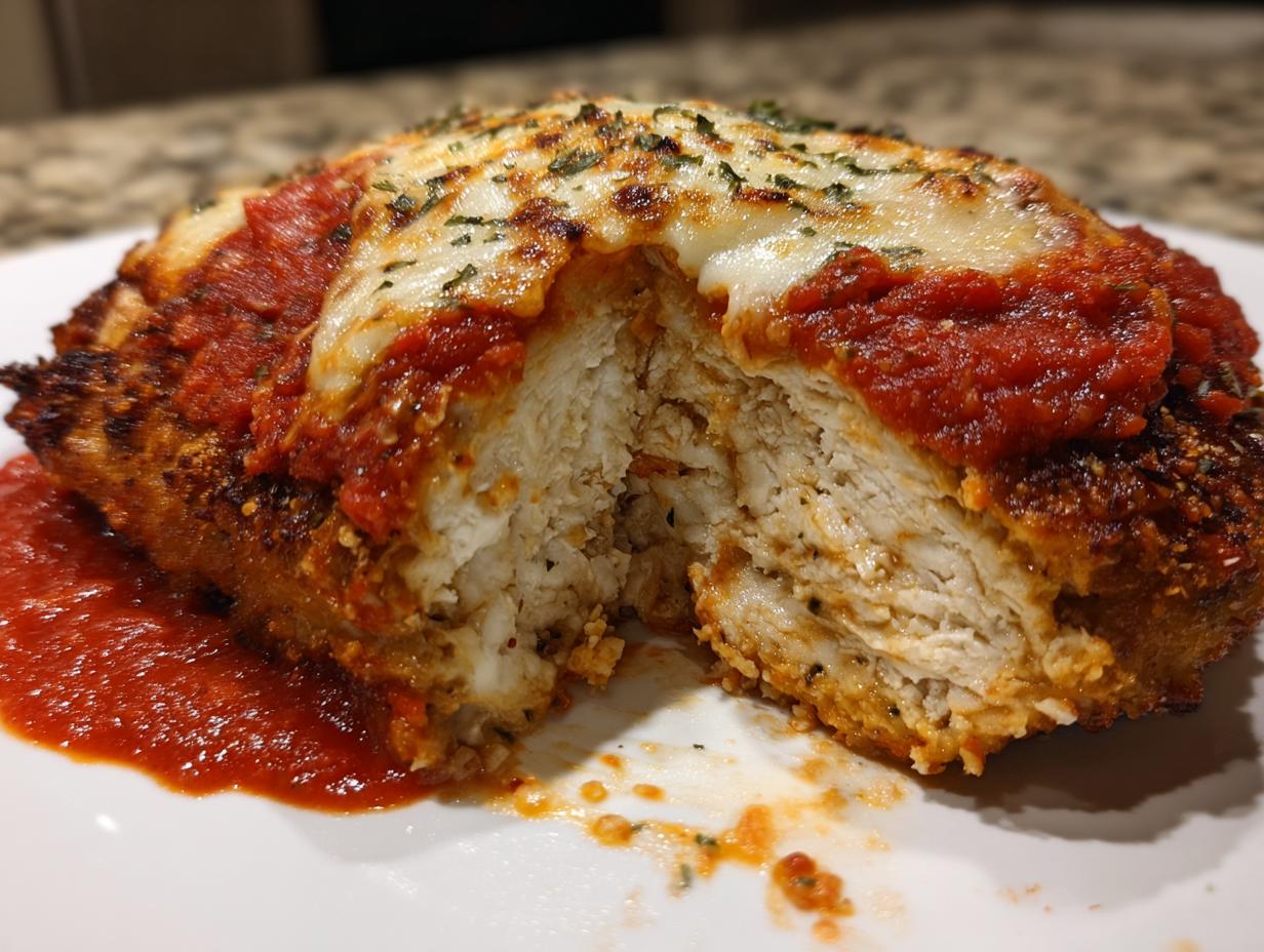 Close-up of an Easy Chicken Parmesan cut in half, showing juicy white meat, crispy breading, marinara sauce, and melted mozzarella.