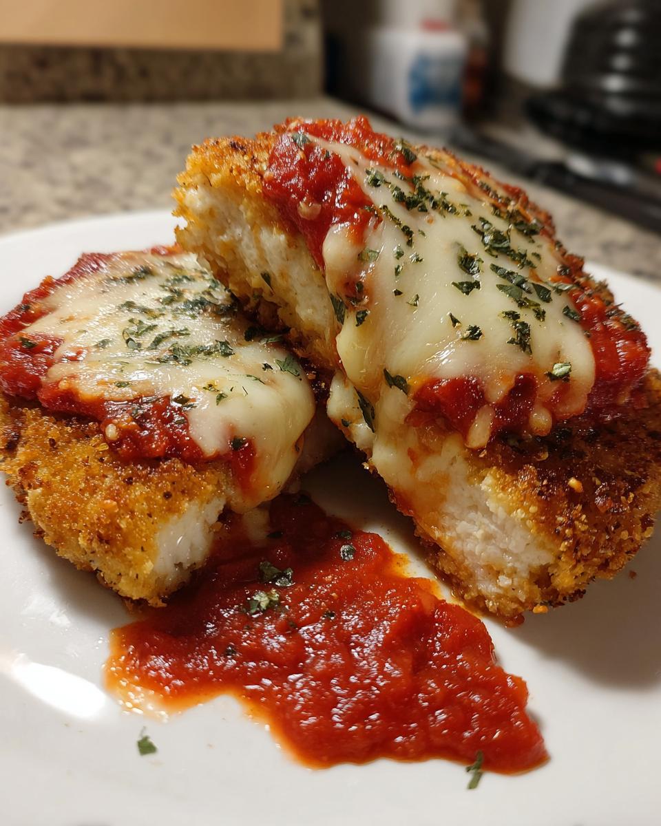 Close-up of Easy Chicken Parmesan cut in half, showing crispy breading, white chicken, melted mozzarella, and marinara sauce.