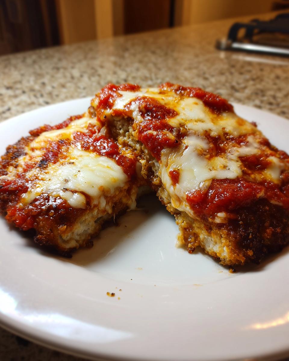 Two halves of Easy Chicken Parmesan showing melted mozzarella cheese and rich tomato sauce over a breaded cutlet.