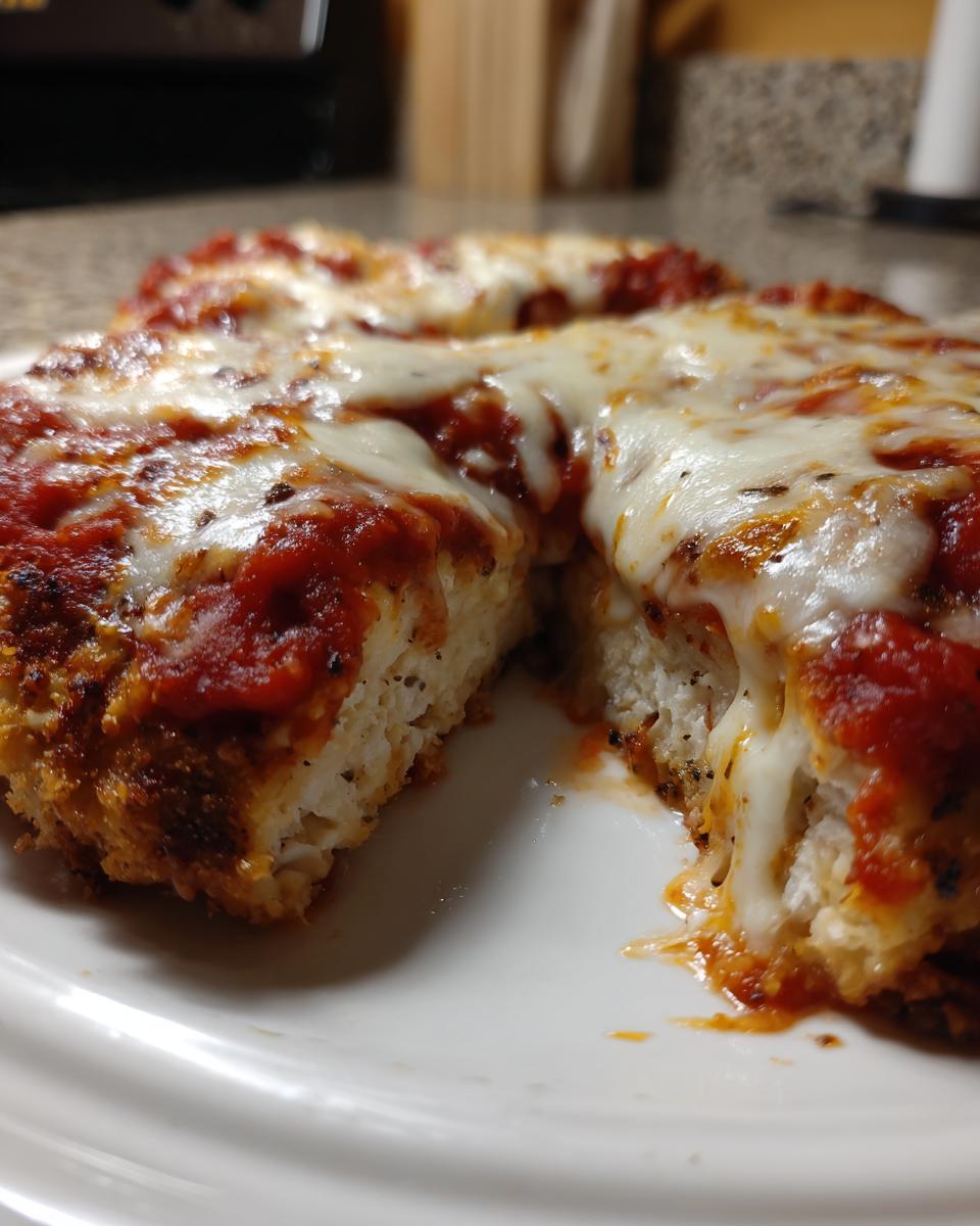 Close-up of a serving of Easy Chicken Parmesan cut open, showing melted mozzarella cheese dripping over marinara sauce and white chicken.