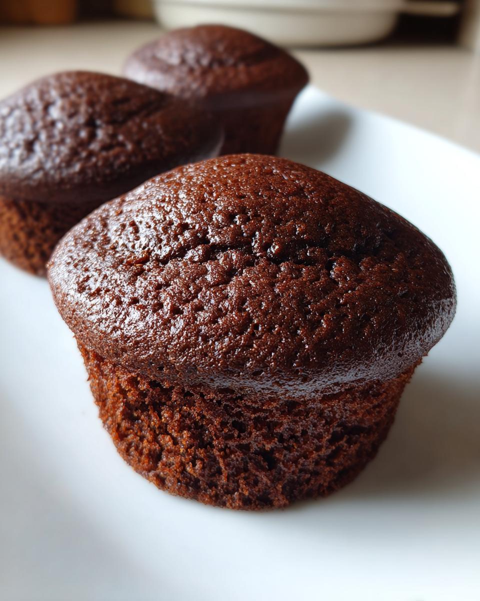 Close-up of three moist, unfrosted easy chocolate cupcakes sitting on a white plate.