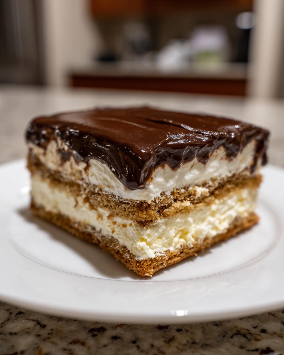 Close-up of a layered slice of eclair cake featuring graham crackers, creamy filling, and chocolate glaze.