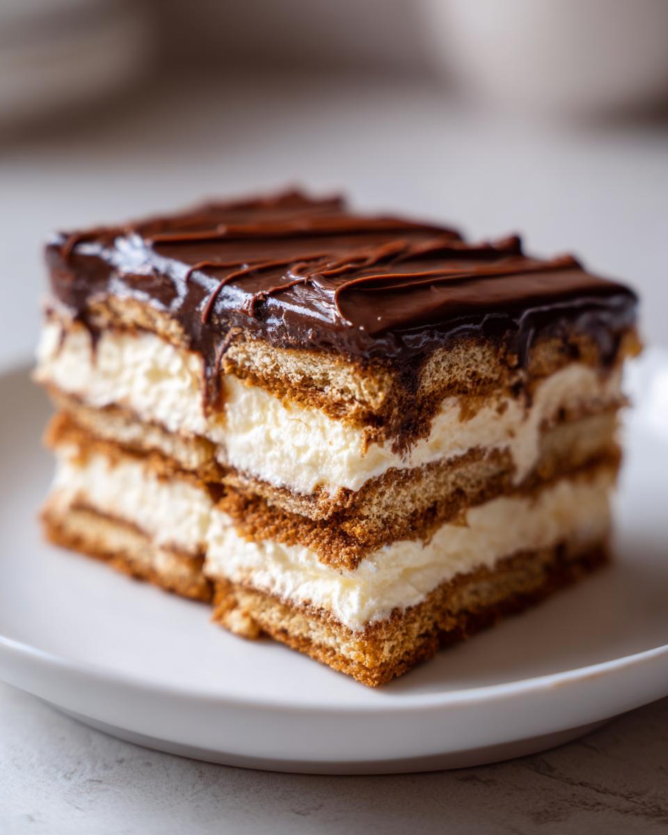Close-up of a layered eclair cake slice featuring graham crackers, cream filling, and rich chocolate frosting.