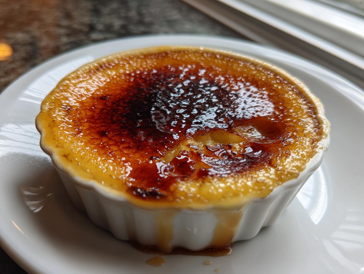 Close-up of a freshly made creme brulee with a dark, crackled caramelized sugar top, served in a white ramekin.
