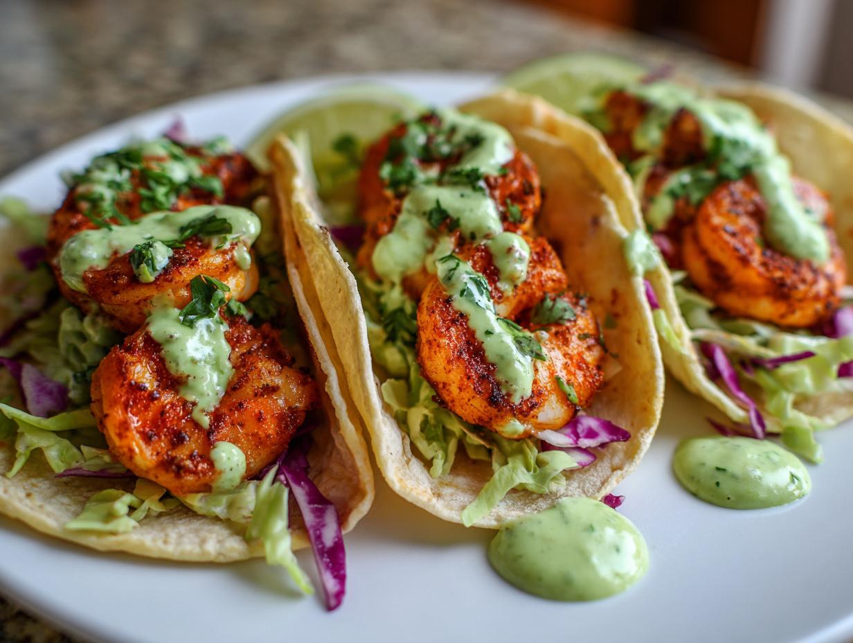 Three delicious shrimp taco shells filled with seasoned shrimp, cabbage slaw, and drizzled with a creamy green sauce.
