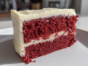 Close-up of a moist slice of red velvet cake showing two layers of deep red cake separated by white cream cheese frosting.