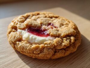 A single, golden-brown strawberry cheesecake cookie with a creamy center and bright red jam topping.