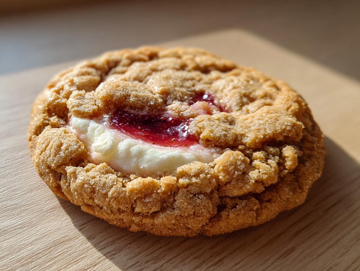 A single, golden-brown strawberry cheesecake cookie with a creamy center and bright red jam topping.