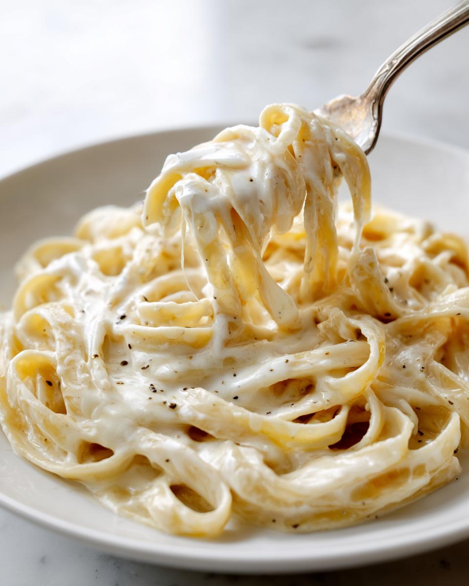 Close-up of fettuccine pasta being lifted by a fork, coated thickly in rich homemade alfredo sauce and black pepper.