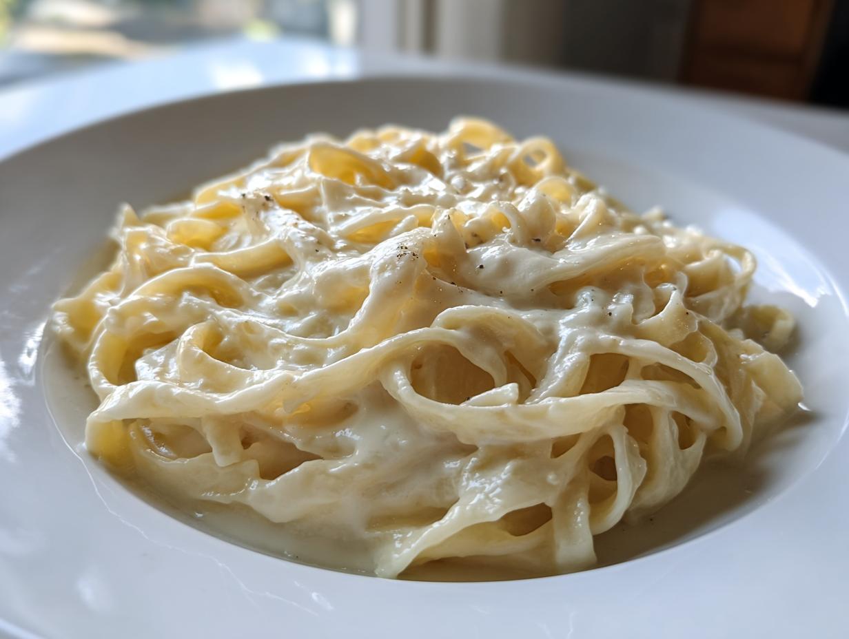 Close-up of fettuccine pasta generously coated in creamy homemade alfredo sauce, sprinkled with pepper.