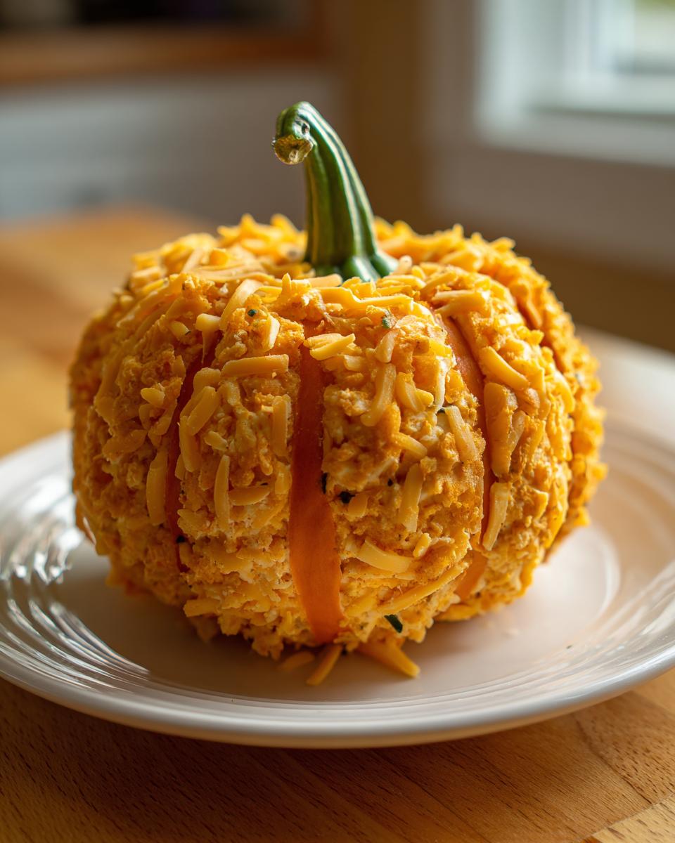 A finished pumpkin cheese ball coated in shredded cheddar cheese, shaped like a small pumpkin with a green stem.