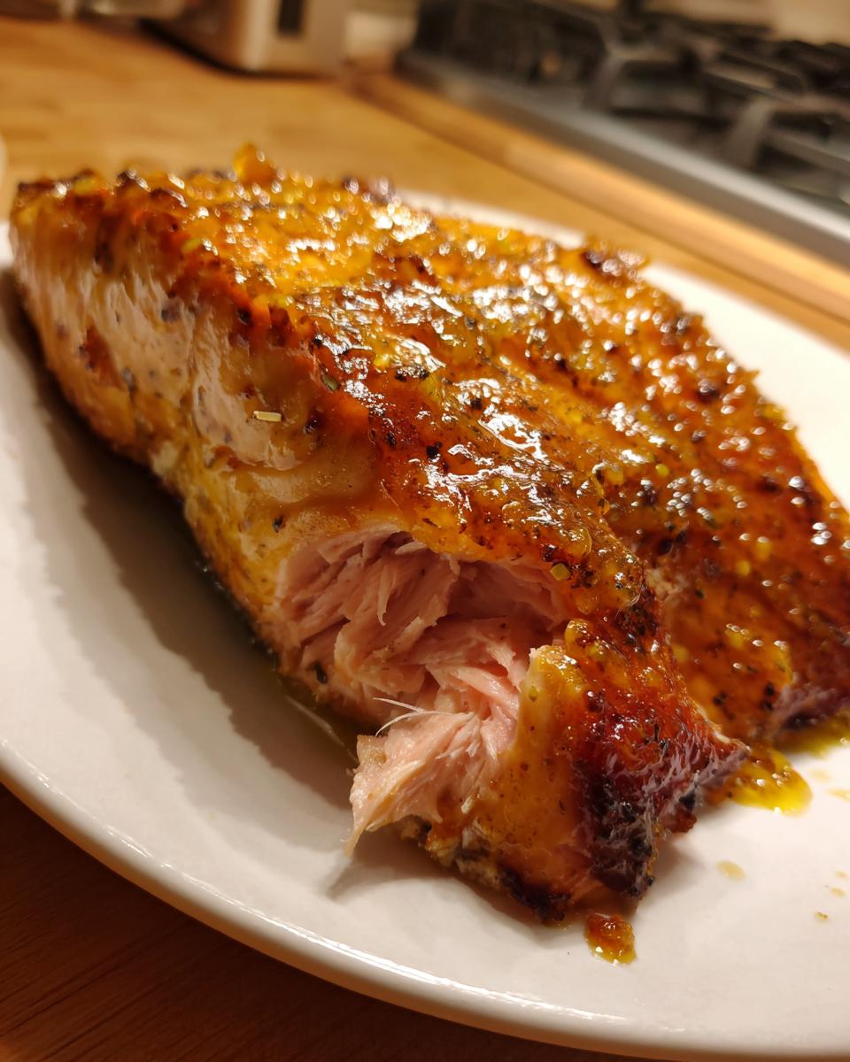 Close-up of a perfectly cooked, flaky salmon fillet with a shiny, caramelized glaze.