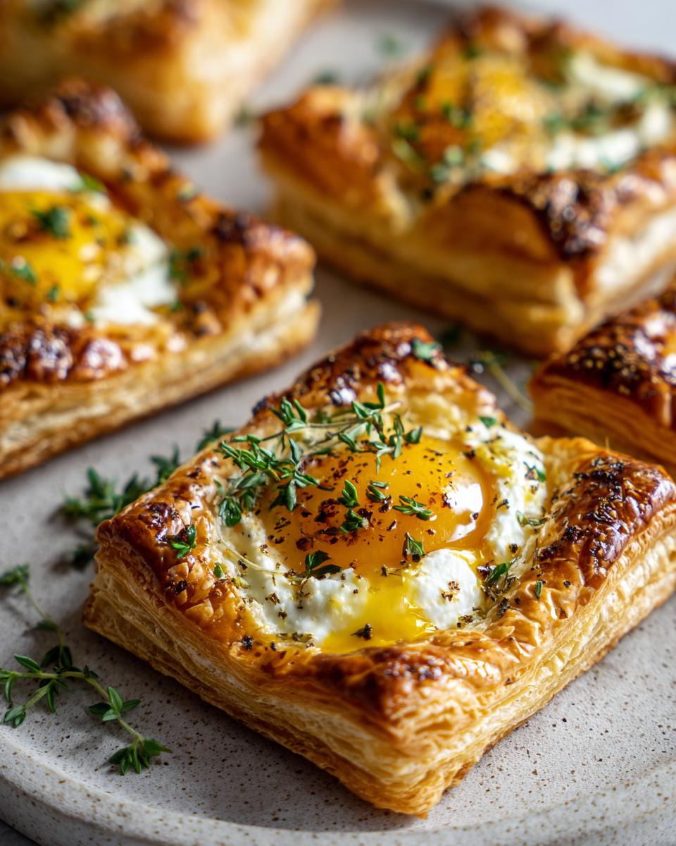 Close-up of a flaky puff pastry square topped with a baked egg, herbs, and seasoning, resembling goat cheese and honey bites visually.