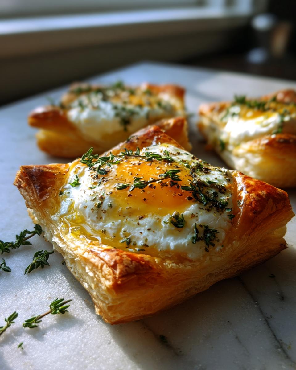 Close-up of a flaky pastry cup topped with a baked egg, herbs, and seasoning, despite the article being about goat cheese and honey bites.
