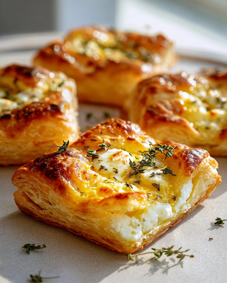 Close-up of a golden, flaky pastry square filled with melted goat cheese and topped with fresh thyme, part of the goat cheese and honey bites recipe.