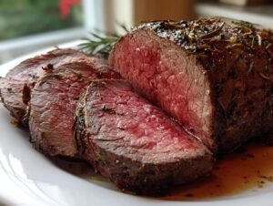 Close-up of a perfectly roasted Beef Tenderloin, sliced to show medium-rare pink center and herb crust.
