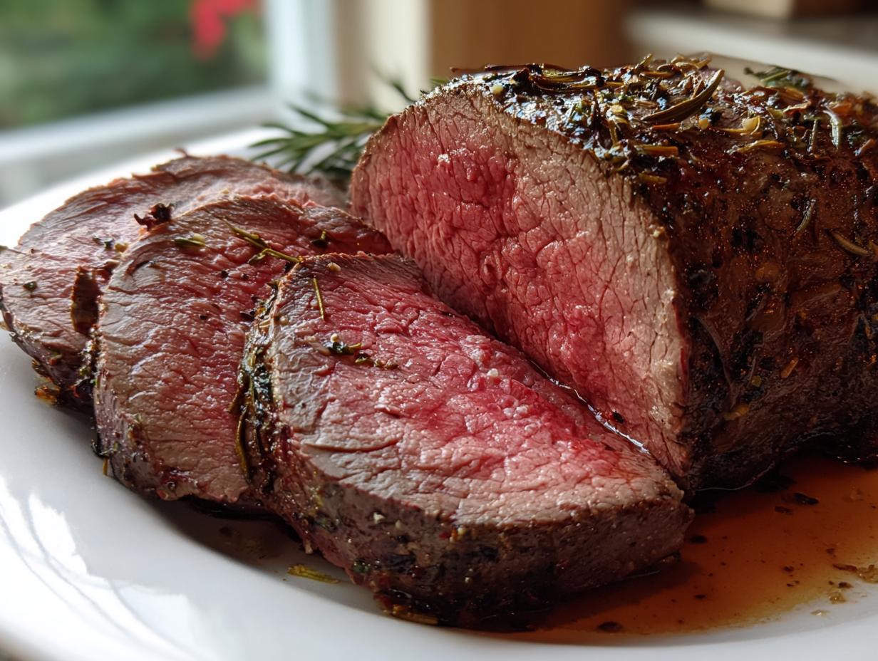 Close-up of a perfectly roasted Beef Tenderloin, sliced to show medium-rare pink center and herb crust.