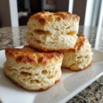 Three tall, flaky buttermilk biscuits stacked on a white plate, showing their layered texture and golden-brown tops.