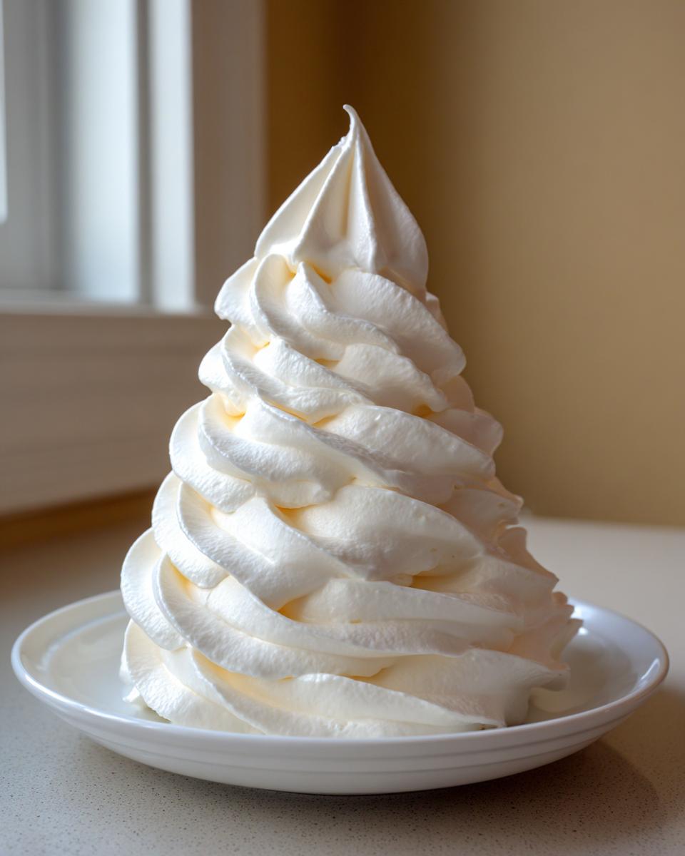 A tall, perfectly piped swirl of fluffy white cream cheese frosting sitting on a small white plate.