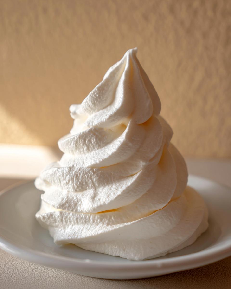 A tall, perfectly piped swirl of white cream cheese frosting sitting on a small white plate.