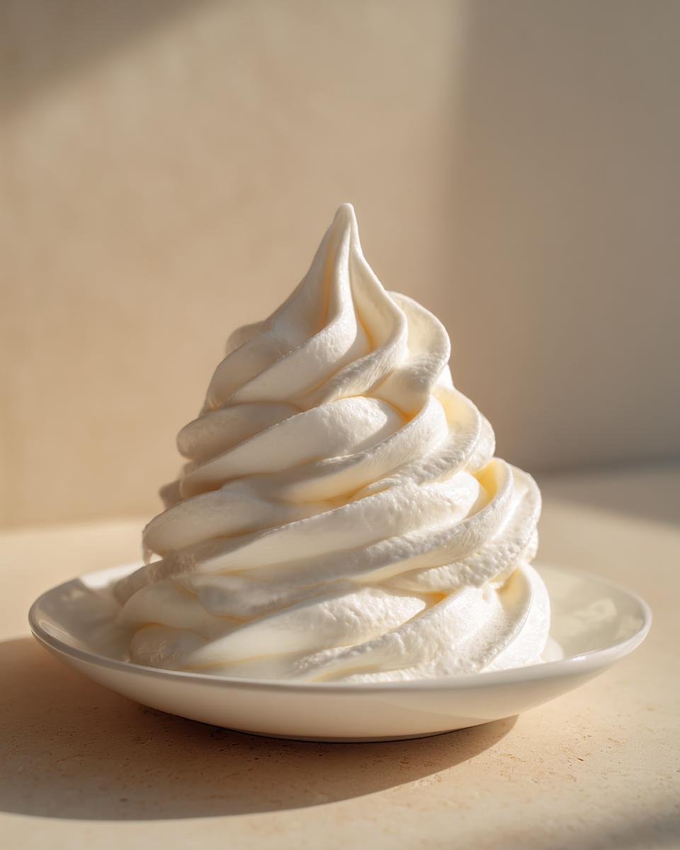 A tall, perfectly piped swirl of white, fluffy cream cheese frosting sitting on a small white saucer.