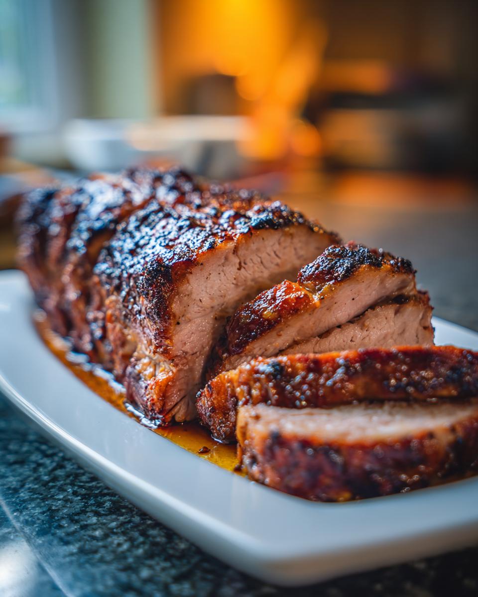 Close-up of a perfectly cooked and sliced pork loin roast with a dark, caramelized crust resting in its juices.