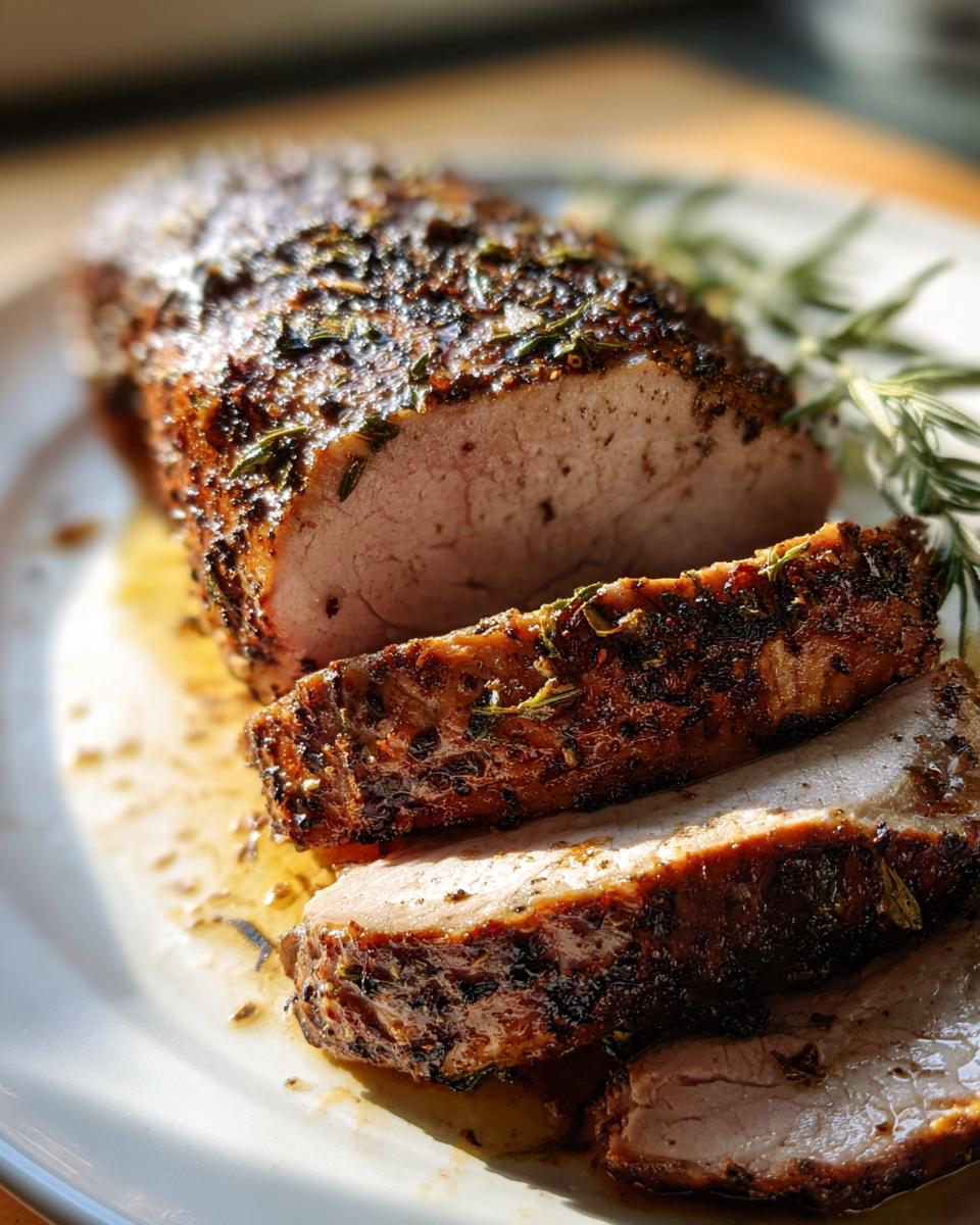 Close-up of a perfectly cooked pork loin roast, sliced to show the juicy interior and dark herb crust.