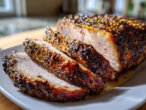 Close-up of a perfectly cooked pork loin roast, sliced to show the juicy interior and heavily seasoned, dark crust.