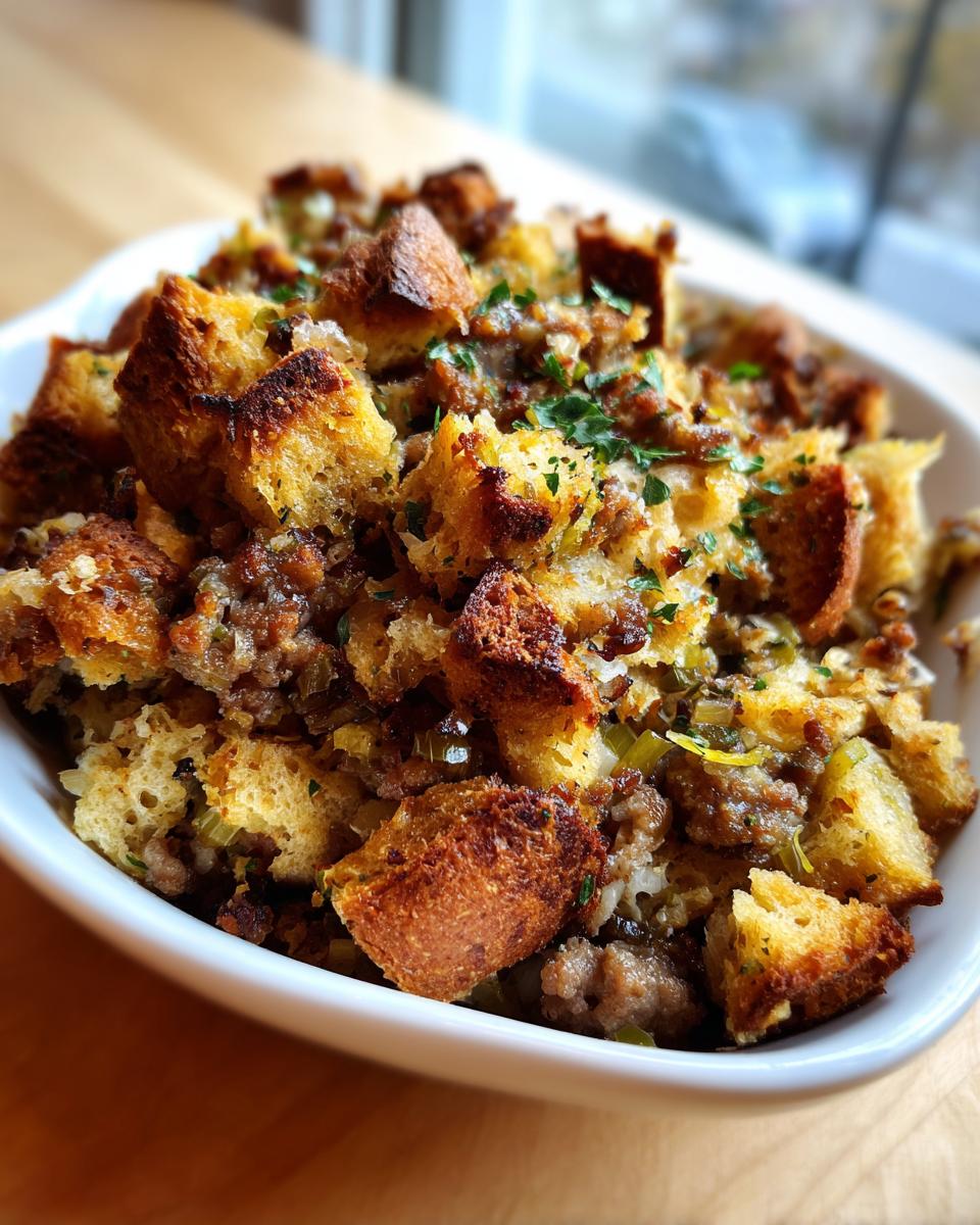 Close-up of homemade sausage stuffing with toasted bread cubes and herbs served in a white bowl.