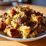 Close-up of fluffy, golden brown sausage stuffing with visible chunks of bread and ground meat, garnished with parsley.
