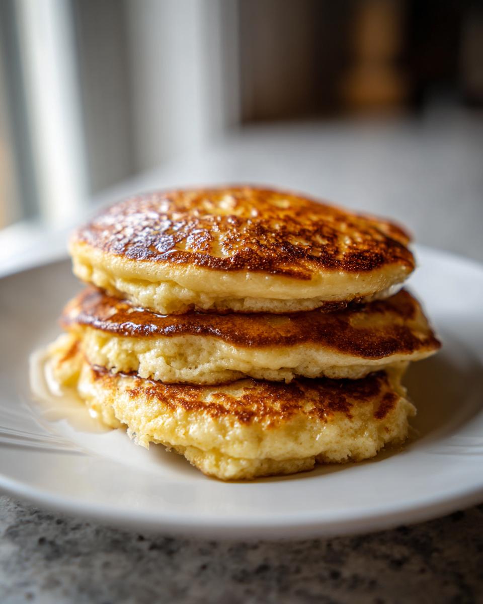 A close-up stack of three fluffy almond flour pancakes drizzled with syrup on a white plate.