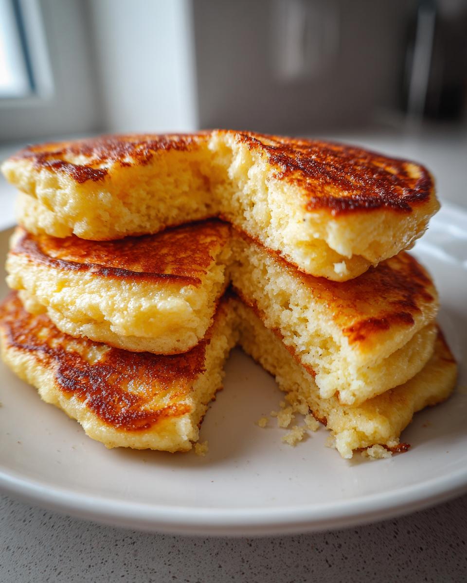 Close-up of a stack of fluffy almond flour pancakes, showing the golden-brown exterior and soft, airy interior texture.