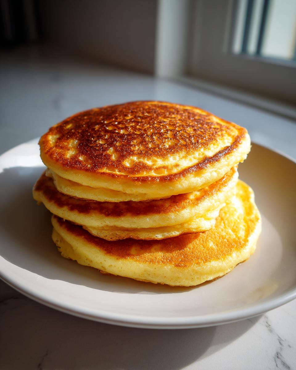 A tall stack of four fluffy almond flour pancakes with a golden-brown, textured top, served on a light plate.