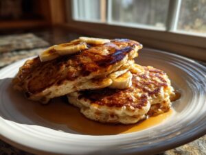 A stack of fluffy banana pancakes drizzled with syrup and topped with banana slices, photographed in bright sunlight.