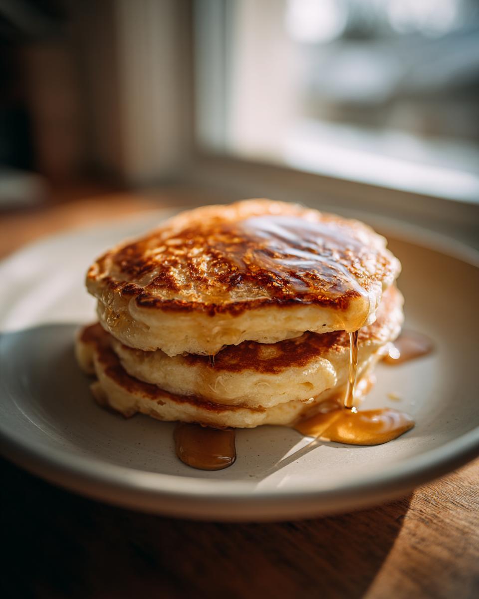 A stack of three fluffy banana pancakes being drizzled with golden syrup on a light plate.
