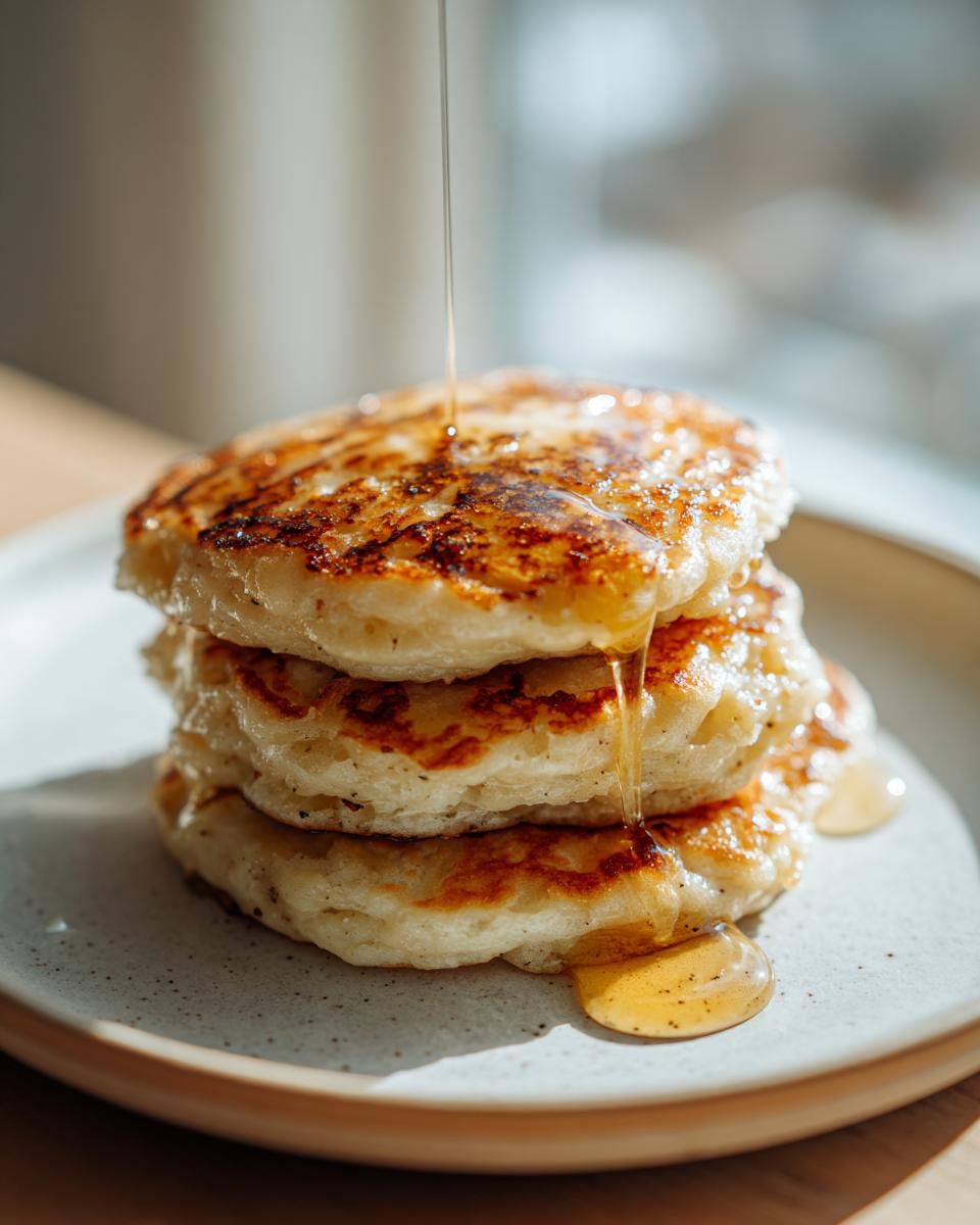 A stack of three fluffy banana pancakes being drizzled with golden syrup on a speckled plate.