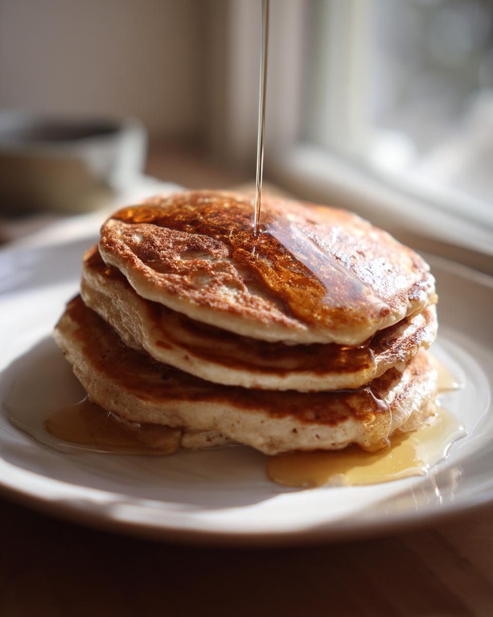 A stack of three fluffy banana pancakes being drizzled with golden syrup in bright window light.