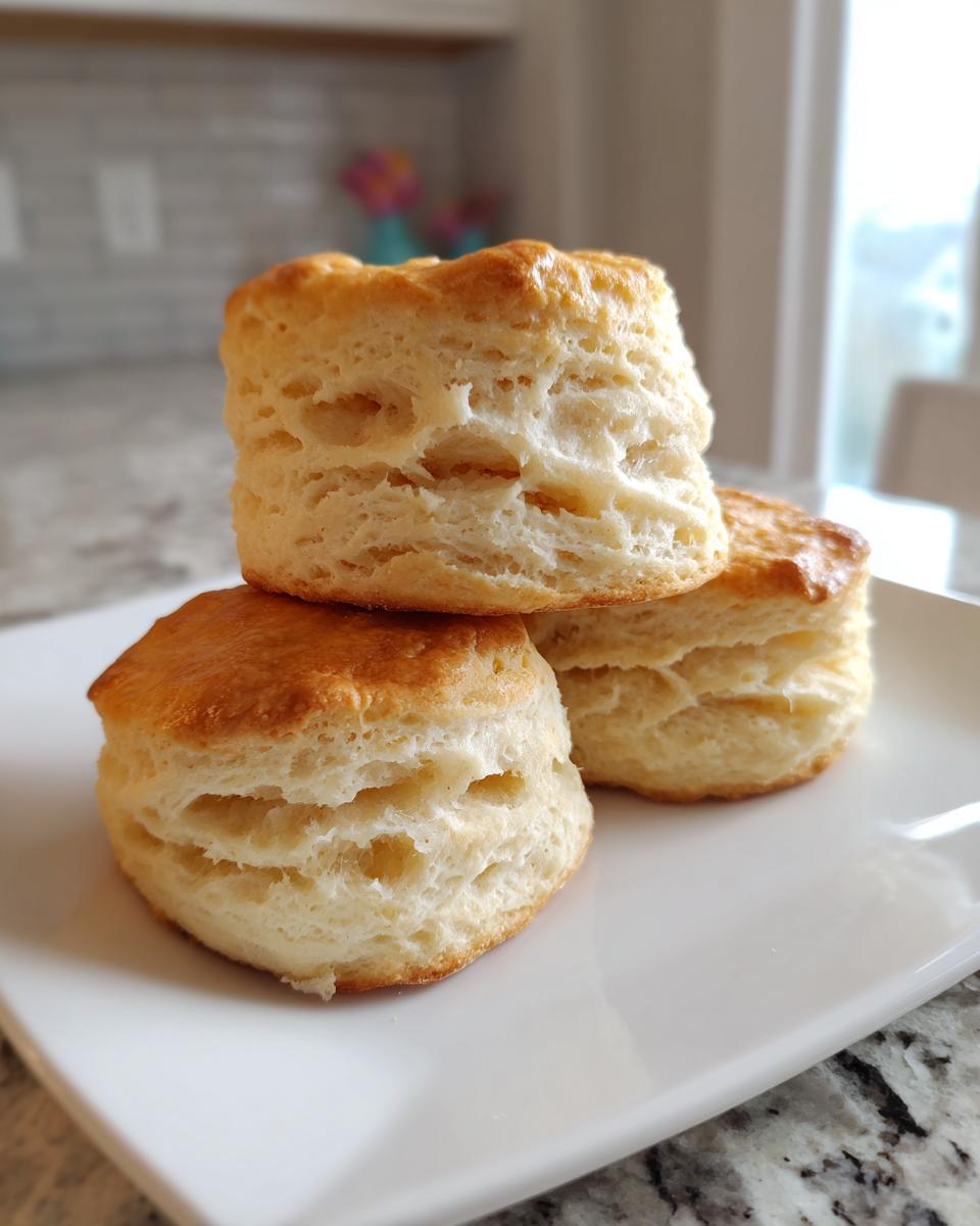 Three golden-brown, flaky buttermilk biscuits stacked on a white plate, showing their layered texture.