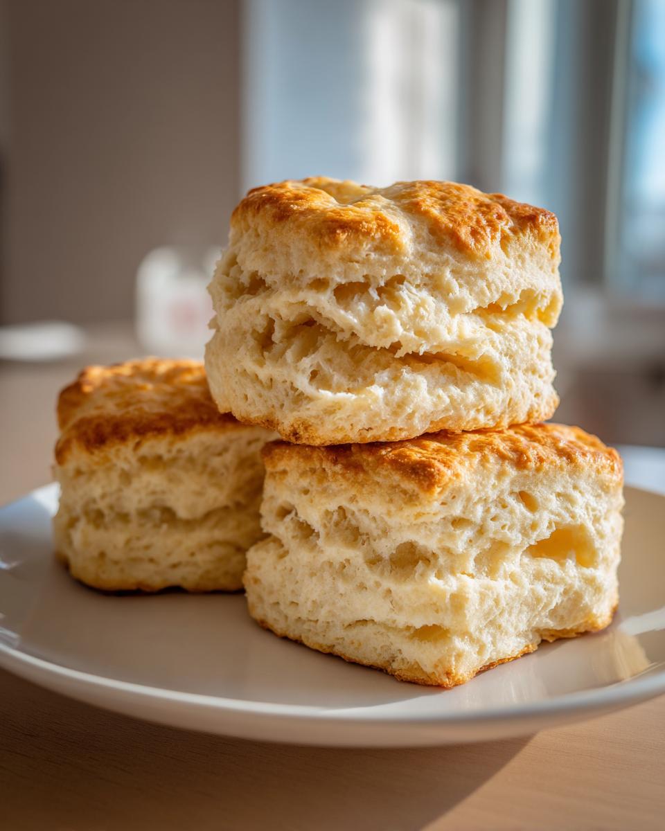 Three tall, flaky buttermilk biscuits stacked on a white plate, showing their golden tops and layered interior.
